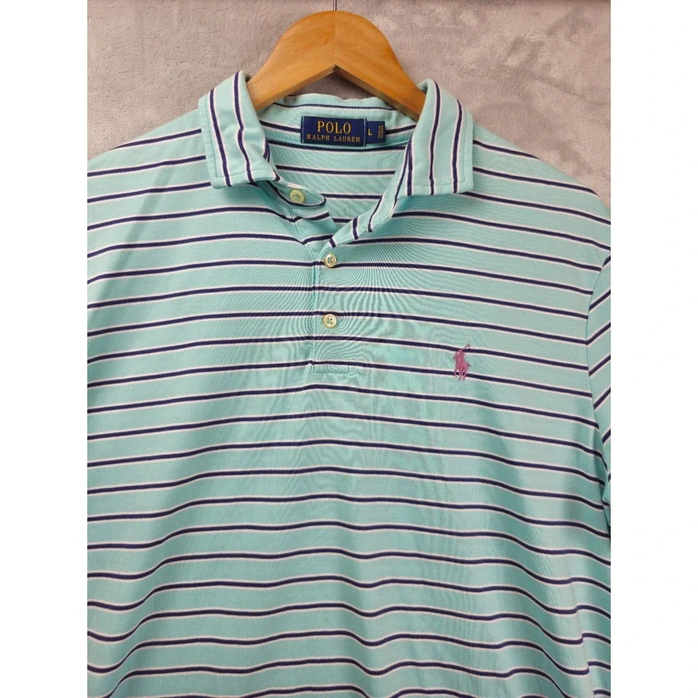 Polo Ralph Lauren Men Large Polo Shirt Green Blue Striped Soft Cotton Logo Pony